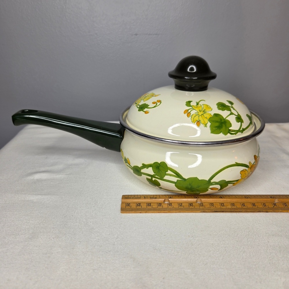 Vintage Asta Enamel Saucepan with Lid Yellow Floral Made in Japan Retro 70s